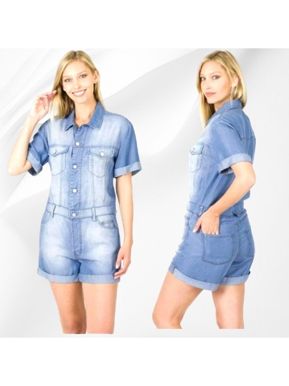 Zenana Chambray | Shirt Romper – Denim Lyocell Button Front - Picture 4 of 4